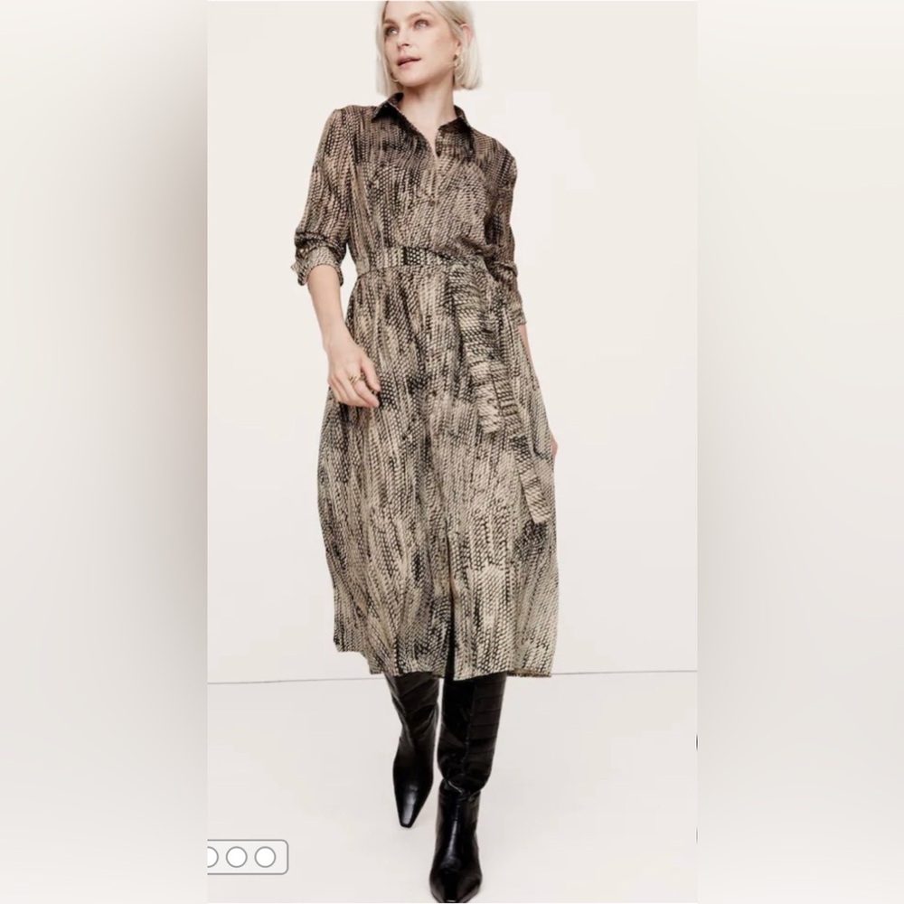 Banana Republic Taupe Snake-Print Midi Shirt Dress